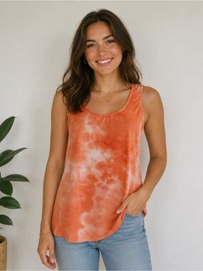 Piphany Ibiza Tank Top Coral Orange White Tie Dye sz M NWT